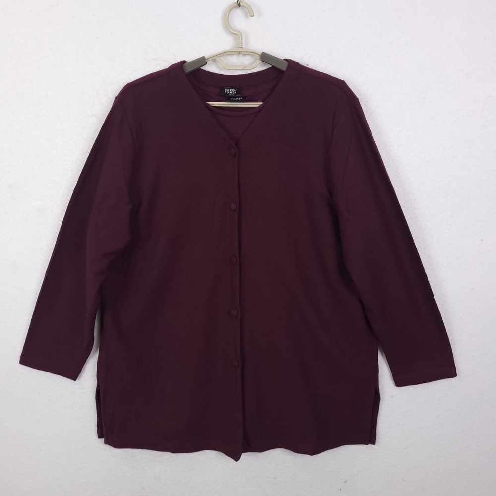 Eileen Fisher 3 Piece Knit Set Cardigan Tee Pants XL Burgundy Sustainable Wool - Picture 3 of 16